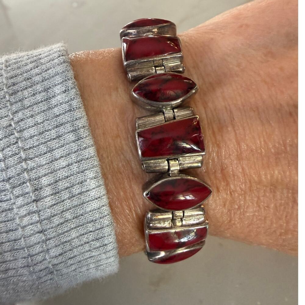 Sterling Silver 925 Red Jasper Geometric Panel Link Bracelet Taxco Clasp
